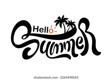 Happy Summer Season Text Design, Vector Black and white, Handwriting, Banner With Orange Sun And twin Coconut Tree