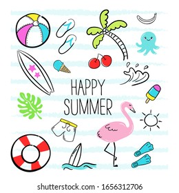 Happy summer. Set of summer doodles on a white background. Vector illustration of colorful funny symbols such as flamingos, ice creams, palm trees, surfboard, slippers, jellyfish, sun, shorts.