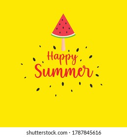 Feliz verano. Recortar el concepto de sandía y helado. semillas de sandía y texto. fondo amarillo. ilustración vectorial.