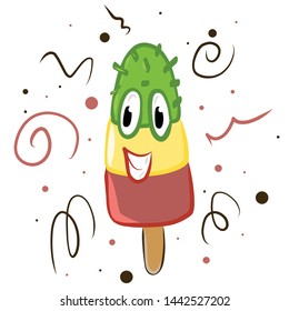 Happy summer smiling three flavored popsicle ice cream vector illustration in cartoon style. Isolated on white background.