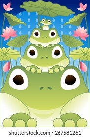 Happy Summer Story - cute funny frogs look and enjoy fun in the pond on refreshing rainy day on bright blue background with beautiful lotus flowers and green leaves : vector illustration