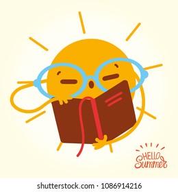 Happy Summer Sun Face open books and reading.  Drawing cartoon Sun in glasses readung book on vacation. Vector Illustration with a picture of the sun