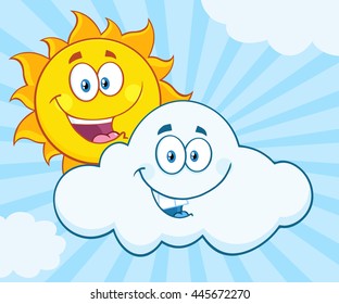 Happy Summer Sun And Smiling Cloud Mascot Cartoon Characters Vector Illustration With Sunburst  Background