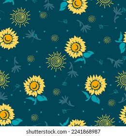 Happy Summer Sunflower Abstract Garden Vector Seamless Pattern can be use for background and apparel design