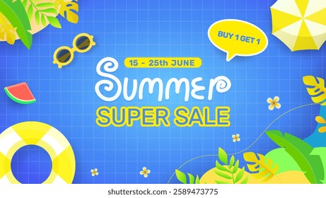 Happy summer super sale banner designs. Suitable for Horizontal posters, greeting cards, and website headers.