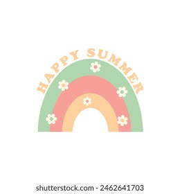 Texto de verano feliz con el arco iris y las flores de margarita aisladas sobre fondo blanco. Lema de camiseta de estampado colorido en estilo retro vintage de los años 70, 80. Ilustración vectorial de moda.