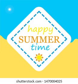 Happy Summer Time 2019 vector Logo. Template for the seasonal party. Handwritten font and sun vector yellow pattern.