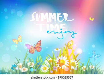 Happy summer time background with bright sunlight and blue sky