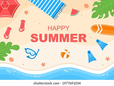 Happy Summer Time in Beach Seaside Vector Illustration for Background, Wallpaper or Banners