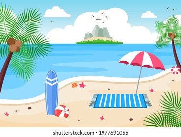 Happy Summer Time in Beach Seaside Vector Illustration for Background, Wallpaper or Banners