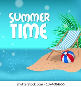 Happy Summer time with land beach tropical landscape with sea and chair square banner poster template