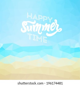 Happy summer time. Poster on tropical beach background. Vector eps10.