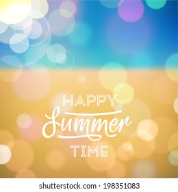 Happy summer time. Poster on tropical beach background. Vector eps10.