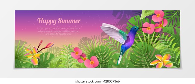 Happy summer time tourism creative template. Time to travel vacation agency web site flyer brochure vector illustration. Nature Bird humming-bird plant flower color background.