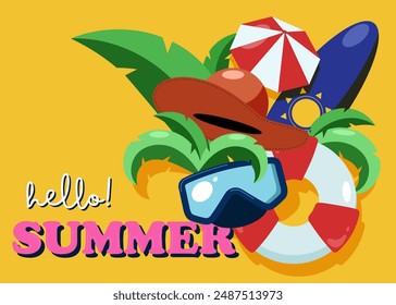 Feliz verano y concepto de vacaciones de viaje tropical con tabla de surf, snorkel, hojas de coco. Elemento de diseño se puede utilizar para la impresión, póster, folleto, Anuncio, Ilustración vectorial