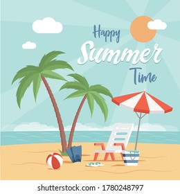 Happy summer time vector flat poster design with text space. Sand beach view with tropical palms, umbrella, ball, bag, and deckchair. Holiday beach party, vacation at the sea template.