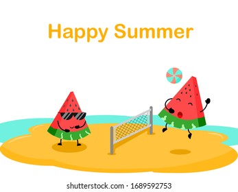 Happy summer time, water melon cartoon cute play volleyball in beach, illustration design.