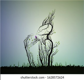 Happy summer tree concept, tree looks like man with butterfly, portrait of tree, tree dream, vector