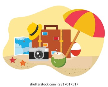 Happy summer trip on the beach drinking coconut water,for holiday with camera,bags,volleyball,hat,maps.Flat illustration