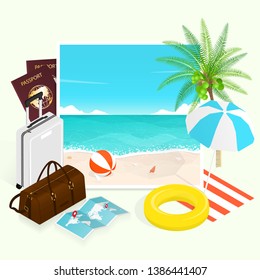 happy summer, tropical beach. vacation travel plan. vector.