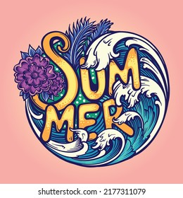 Happy summer tropical beach vacation vector illustrations for your work logo, merchandise t-shirt, stickers and label designs, poster, greeting cards advertising business company or brands