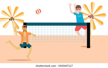 Happy summer. Two men playing sports Volleyball on the beach Playfully. Vector illustration for sea sports content, beach volleyball, relaxation lifestyle, sea activities, holiday joy, happiness 