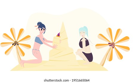 Happy summer. Two women happily sitting in the sand on the beach. Vector illustration for content summer, happiness, funny, enjoy, travel, holiday, relax, lifestyle 