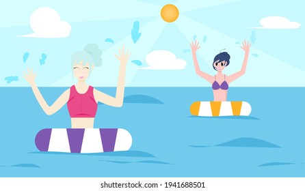 Happy summer. Two women playing with a tubing in the sea  Happily. Vector illustration for content summer, vacation, happiness, relaxation lifestyle, sea, sea activities.