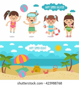 Happy summer vacation. Awesome cartoon beach landscape and funny kids character.  Boys and girls at the sea. Bright and sunny illustration in flat style.