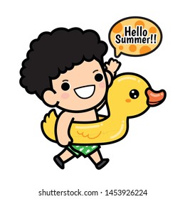 Happy summer and vacation , holiday , long weekend on the beach. A boy with Yellow duck Inflatable ring , smile and waving hand ,cartoon style