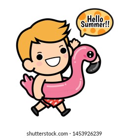 Happy summer and vacation , holiday , long weekend on the beach. A boy with Pink Flamingo Inflatable ring , smile and waving hand ,cartoon style