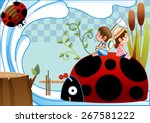 Happy Summer Vacation - lovely young pink girl and cute boy sitting on red big ladybug and enjoy relaxing time in beautiful country on bright blue background with chess pattern : vector illustration