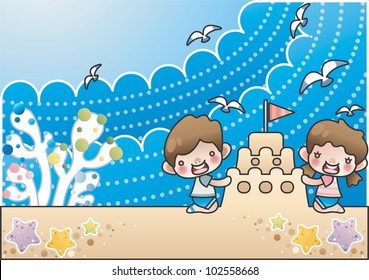 Happy Summer Vacation - playing with sand castle and cute little friends in beautiful tropical beach resort on a background of blue sky and dot patterns