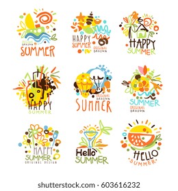 Happy Summer Vacation Sunny Colorful Graphic Design Template Logo Set, Hand Drawn Vector Stencils