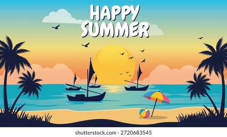Happy Summer Vektorbanner-Illustration mit einer tropischen Strandlandschaft mit Silhouettenpalmen, Segelbooten auf dem Meer, einem bunten Schirm und einem Strandball gegen den Sonnenuntergang Himmel. 