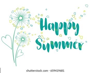Happy Summer vector card with dandelion flowers, Heart shaped feather fluff, petals flying hearts. Colorful green and blue illustration on white background. Banner with blow ball. Love symbols design.