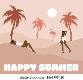 Happy summer. Vector  hand drawn illustration of women in swimsuits with palms and flamingo .  Creative artwork.  Template for card, poster, banner, print for t-shirt, pin, badge, patch.