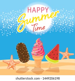 Happy Summer vector illustration, ice cream cones on the beach, summer background