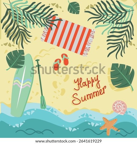 Happy summer. Vector illustration of a sea background with beach items.