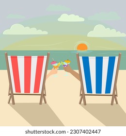 Happy summer vector illustration, tourist lover hand with deck chair hold lemonade cocktail beverage for celebrating at tropical beach, traveler couple with blue sea and sunset cloudy sky on holiday.