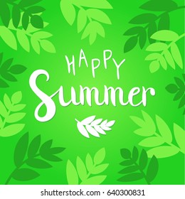 Happy Summer vector illustration. Vibrant green background with hand drawn lettering.