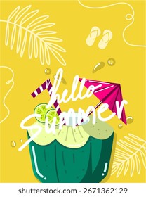Fresh Ice Cold Coconut Summer Festiva Retro Vector de póster de ilustración moderna