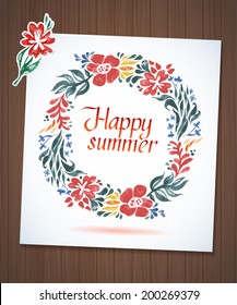 Happy Summer watercolor floral wreath with paper cut flower on wood planks Greeting card background 