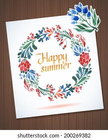 Happy Summer watercolor floral wreath with paper cut flower on wood planks Greeting card background 