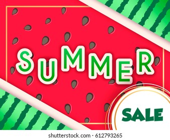 Happy summer watermelon background season sale offer, banner template. Red and green layout template. Fresh summer sale tag. Shop market poster design. Vector illustration. Vivid summer design.