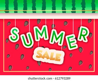 Happy summer watermelon background season sale offer, banner template. Red and green layout template. Fresh summer sale tag. Shop market poster design. Vector illustration. Vivid summer design.