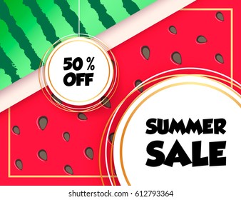 Happy summer watermelon background season sale offer, banner template. Red and green layout template. Fresh summer sale tag. Shop market poster design. Vector illustration. Vivid summer design.