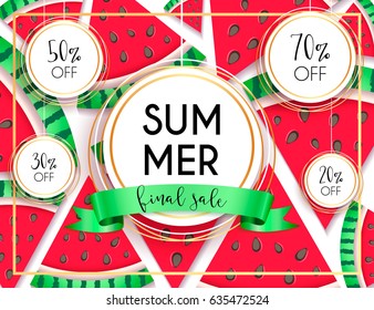 Happy summer watermelon background season sale offer, banner template. Red and green layout template. Fresh summer sale tag. Shop market poster design. Vector illustration. Vivid summer design.