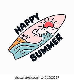Happy summer the wave and the island in surfboard shape