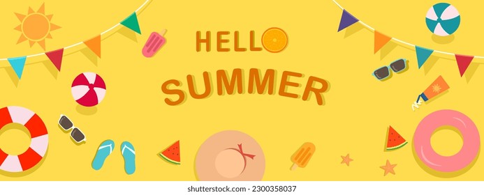 Happy summer web banner vector illustration with beach vibes decorate, colorful flags, ball, swim ring, hat, starfish, sandal, sunscreen, sunglasses, watermelon, ice cream, orang on yellow background.